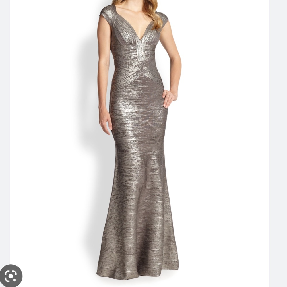Herve Leger Metallic Silver Mermaid Gown